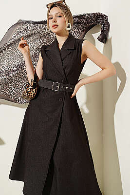 Kruvaze Yaka Düğmeli Kot Elbise Kahve - Kadın Giyim Modelleri