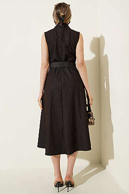 Kruvaze Yaka Düğmeli Kot Elbise Kahve - Kadın Giyim Modelleri