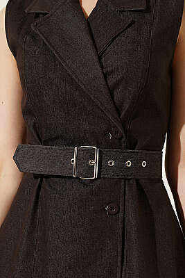 Kruvaze Yaka Düğmeli Kot Elbise Kahve - Kadın Giyim Modelleri