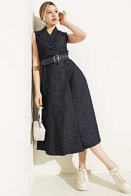 Kruvaze Yaka Düğmeli Kot Elbise Kot - Kadın Giyim Modelleri