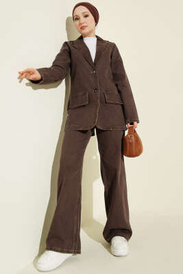 Kruvaze Yaka Düğmeli Kot İkili Takım Kahve - LUSTRİN