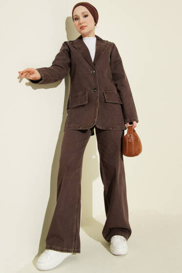 Kruvaze Yaka Düğmeli Kot İkili Takım Kahve - İkili Takım