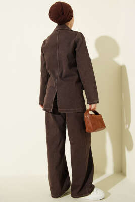 Kruvaze Yaka Düğmeli Kot İkili Takım Kahve - İkili Takım