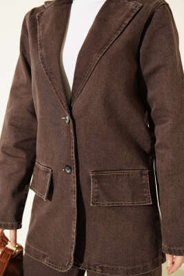 Kruvaze Yaka Düğmeli Kot İkili Takım Kahve - İkili Takım