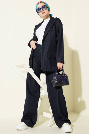 Kruvaze Yaka Düğmeli Kot İkili Takım Lacivert - İkili Takım