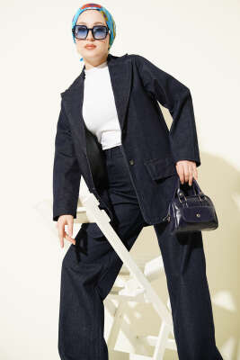 Kruvaze Yaka Düğmeli Kot İkili Takım Lacivert - İkili Takım