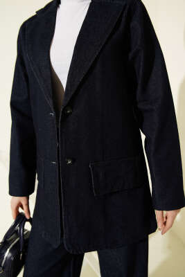 Kruvaze Yaka Düğmeli Kot İkili Takım Lacivert - İkili Takım