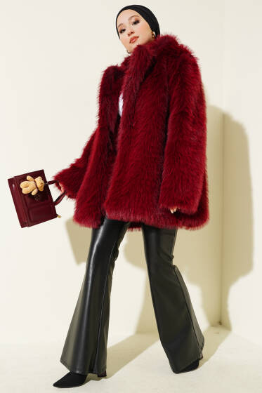 Kruvaze Yaka Düğmeli Kürklü Mont Bordo - Mont