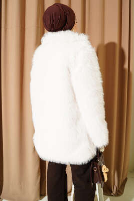 Kruvaze Yaka Düğmeli Kürklü Mont Ekru - Mont