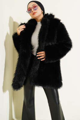 Kruvaze Yaka Düğmeli Kürklü Mont Siyah - TABLO FASHİON