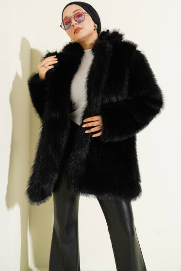 Kruvaze Yaka Düğmeli Kürklü Mont Siyah - Mont