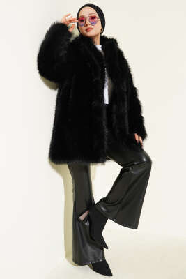 Kruvaze Yaka Düğmeli Kürklü Mont Siyah - Mont