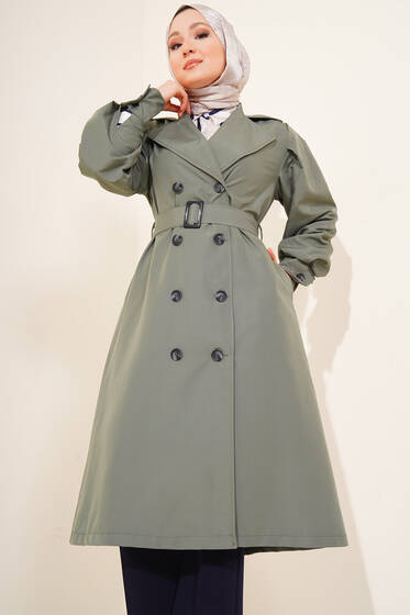 Kruvaze Yaka Düğmeli Trençkot Çağla Yeşili - Trençkot