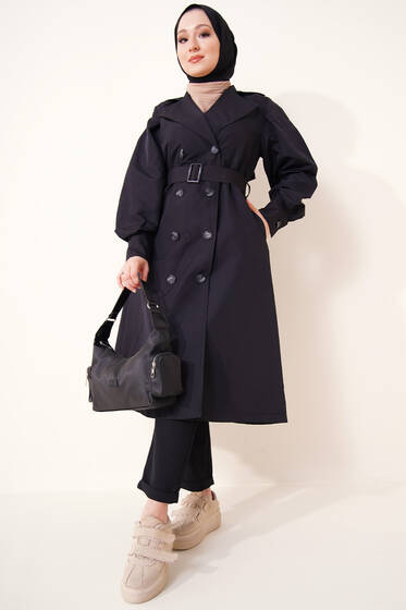 Kruvaze Yaka Düğmeli Trençkot Siyah - Trençkot