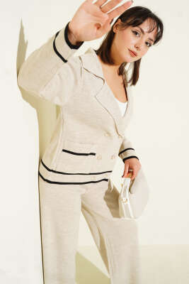 Kruvaze Yaka Düğmeli Triko İkili Takım Bej - RAFİMİX