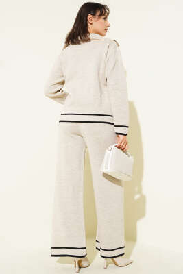 Kruvaze Yaka Düğmeli Triko İkili Takım Bej - İkili Takım