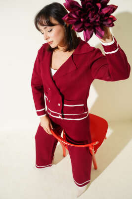 Kruvaze Yaka Düğmeli Triko İkili Takım Bordo - RAFİMİX