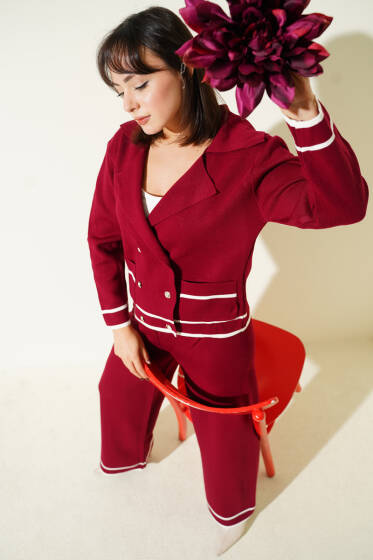 Kruvaze Yaka Düğmeli Triko İkili Takım Bordo - İkili Takım