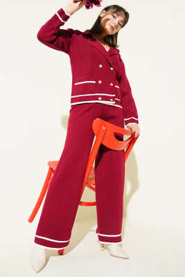 Kruvaze Yaka Düğmeli Triko İkili Takım Bordo - İkili Takım