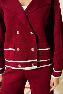 Kruvaze Yaka Düğmeli Triko İkili Takım Bordo - İkili Takım