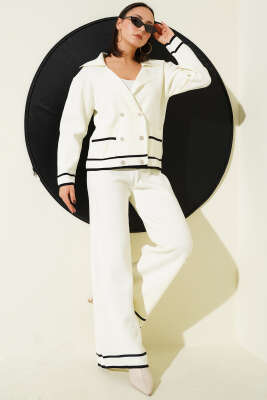 Kruvaze Yaka Düğmeli Triko İkili Takım Ekru - İkili Takım