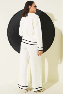 Kruvaze Yaka Düğmeli Triko İkili Takım Ekru - İkili Takım