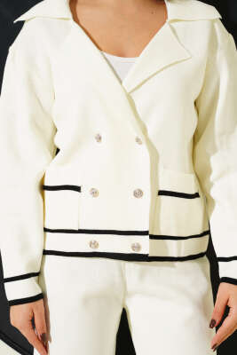 Kruvaze Yaka Düğmeli Triko İkili Takım Ekru - İkili Takım