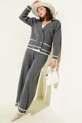 Kruvaze Yaka Düğmeli Triko İkili Takım Füme - RAFİMİX