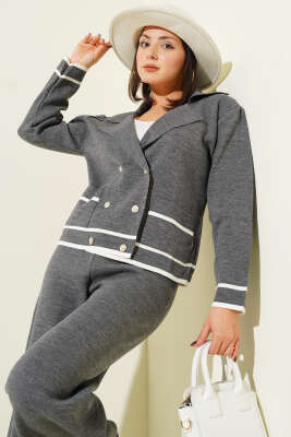 Kruvaze Yaka Düğmeli Triko İkili Takım Füme - İkili Takım