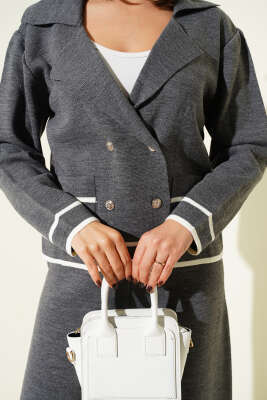 Kruvaze Yaka Düğmeli Triko İkili Takım Füme - İkili Takım