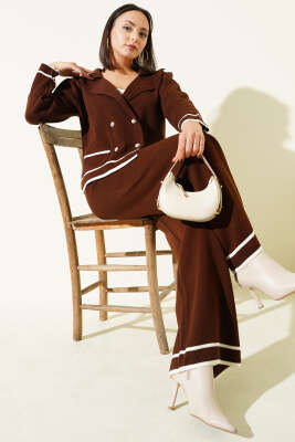 Kruvaze Yaka Düğmeli Triko İkili Takım Kahve - RAFİMİX