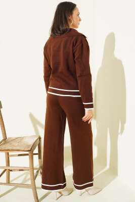 Kruvaze Yaka Düğmeli Triko İkili Takım Kahve - İkili Takım