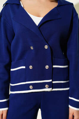 Kruvaze Yaka Düğmeli Triko İkili Takım Lacivert - İkili Takım