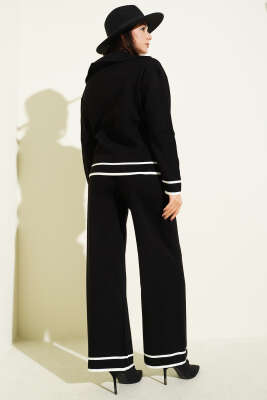 Kruvaze Yaka Düğmeli Triko İkili Takım Siyah - İkili Takım