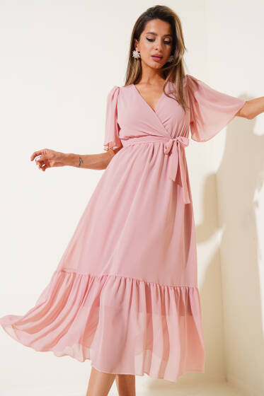 Kruvaze Yaka Fırfırlı Midi Şifon Elbise Gül Kurusu - Kadın Giyim Modelleri