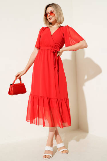 Kruvaze Yaka Fırfırlı Midi Şifon Elbise Kırmızı - Kadın Giyim Modelleri