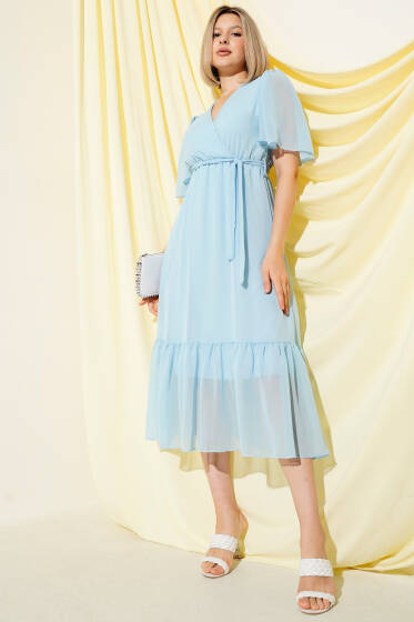 Kruvaze Yaka Fırfırlı Midi Şifon Elbise Mavi - Kadın Giyim Modelleri