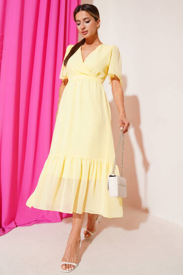 Kruvaze Yaka Fırfırlı Midi Şifon Elbise Sarı - Kadın Giyim Modelleri