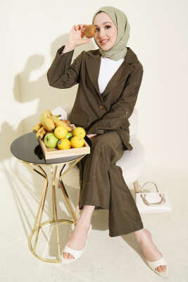 Kruvaze Yaka Gold Düğmeli Ceketli Takım Haki 