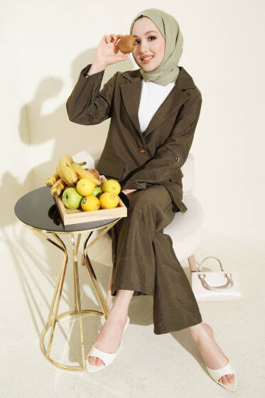 Kruvaze Yaka Gold Düğmeli Ceketli Takım Haki - İkili Takım