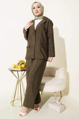 Kruvaze Yaka Gold Düğmeli Ceketli Takım Haki - İkili Takım