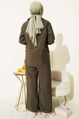 Kruvaze Yaka Gold Düğmeli Ceketli Takım Haki - İkili Takım