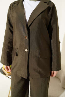 Kruvaze Yaka Gold Düğmeli Ceketli Takım Haki - İkili Takım