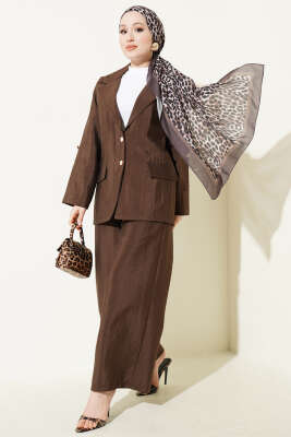 Kruvaze Yaka Gold Düğmeli Ceketli Takım Kahve 