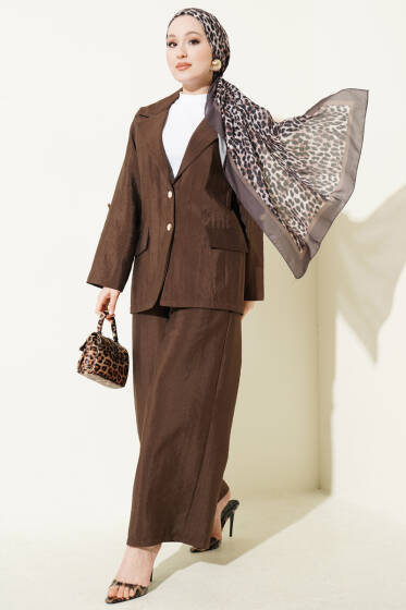 Kruvaze Yaka Gold Düğmeli Ceketli Takım Kahve - İkili Takım