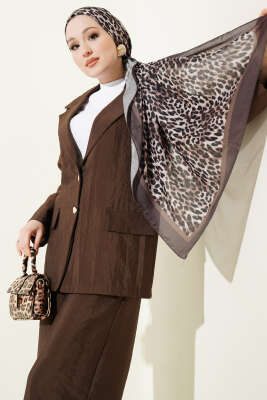 Kruvaze Yaka Gold Düğmeli Ceketli Takım Kahve - İkili Takım