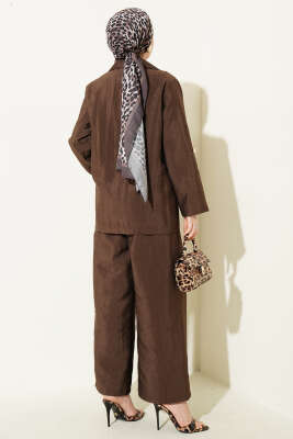 Kruvaze Yaka Gold Düğmeli Ceketli Takım Kahve - İkili Takım