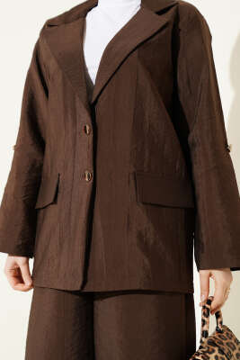 Kruvaze Yaka Gold Düğmeli Ceketli Takım Kahve - İkili Takım