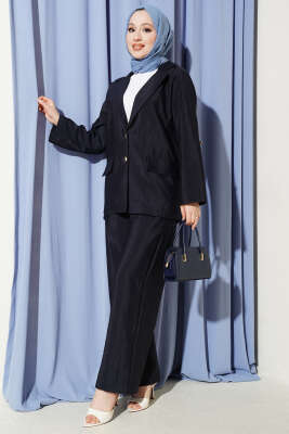 Kruvaze Yaka Gold Düğmeli Ceketli Takım Lacivert - İkili Takım