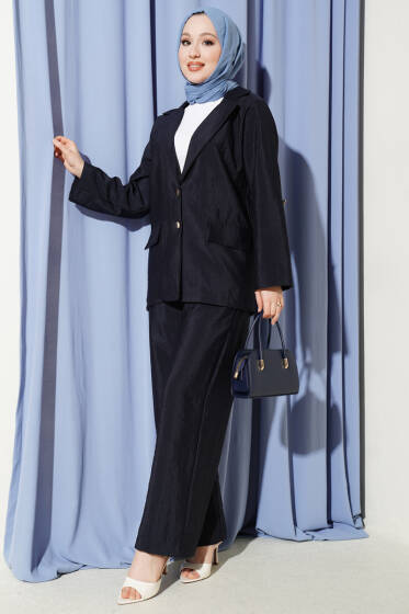 Kruvaze Yaka Gold Düğmeli Ceketli Takım Lacivert - İkili Takım